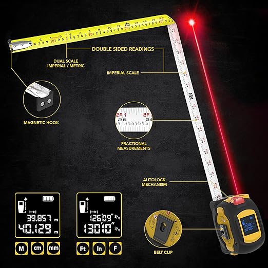 LEXIVON 2 in 1 Digital Laser Tape Measure | 130ft/40m Laser Distance Meter Display On Backlit LCD Screen with 16ft/5m AutoLock Measuring Tape | Ft/Inch/Fractions/M/mm(LX-201)