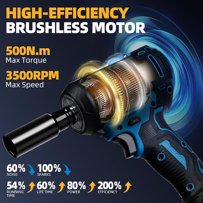 500 N.m Brushless Impact Wrench with Small Wrench, Waist Hook, 7 Sockets, 6 Screwdrivers and 6Drill Bits 3500 RPM Heavy Duty Impact Drill for Cars, RV, Truck,Home Furniture and DIY Projects