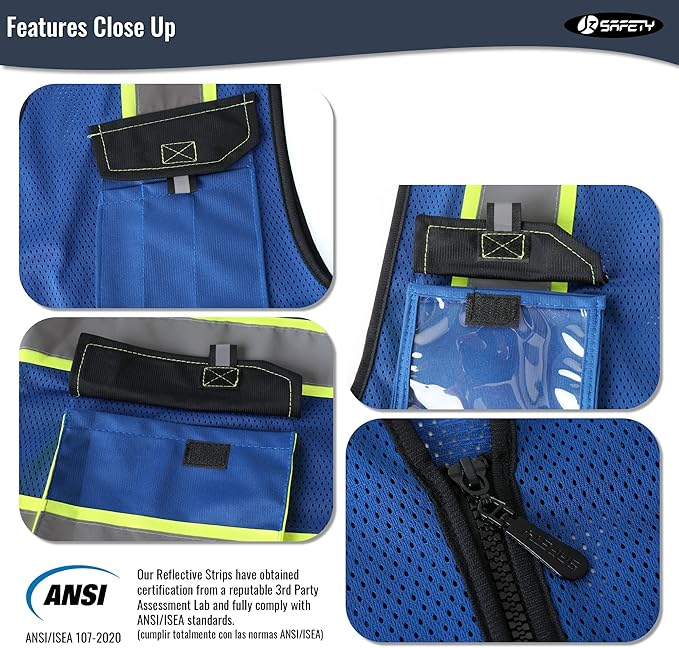 JKSafety Hi Vis Reflective Safety Vests for Men Women High Visibility Vest with Pockets Mesh Fabric Construction Safety Apparel Neon Vest for Work (220-Blue 3XL)