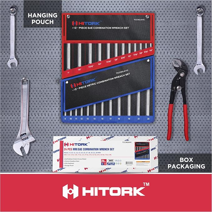 Hitork 24-Piece Combination Wrench Set, SAE (1/4"–1") & Metric (8–24mm), Cr-V Steel, Mirror Chrome Finish, 12-Point Box End, 15° Offset, with Roll Pouch – Ideal for Home, Garage & Auto Repair | Mirror chrome finish, raised box ends and organized roll u...