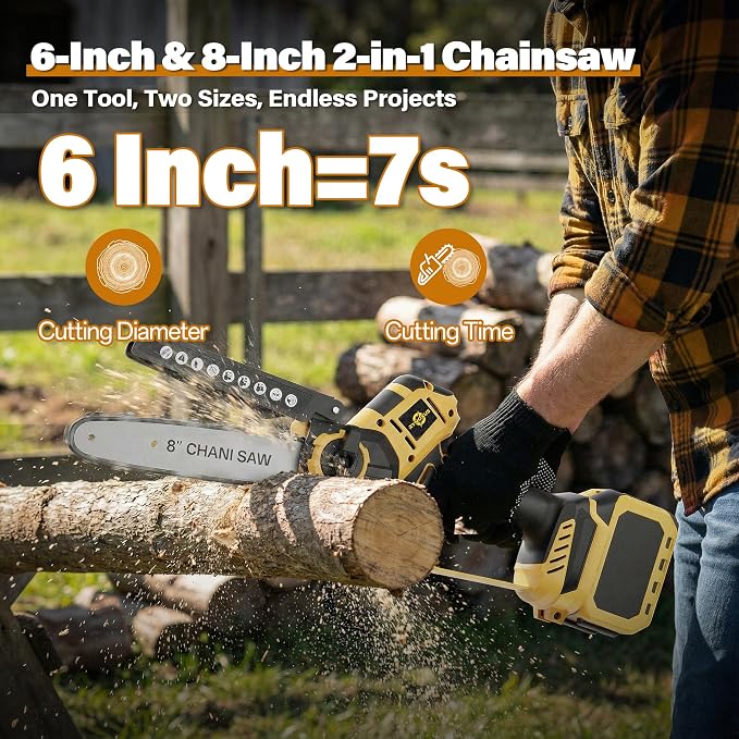 Mini Chainsaw for Dewalt Battery 20V MAX, 8-Inch and 6-Inch 2-IN-1 Cordless Electric Chain saw with 800W Brushless Motor and Auto-Oiler, Garden Tool for Woodworkers, Campers(Tools only)