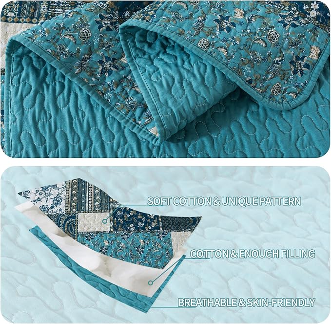 BEDIFANY Cotton Queen Size Quilt Sets, Lightweight Bedspread Queen Size Coverlet Boho Queen Quilt, Soft Farmhouse Queen Quilt Bedding Sets for Bed Decorations for All Seasons (3 Pieces, Blue)