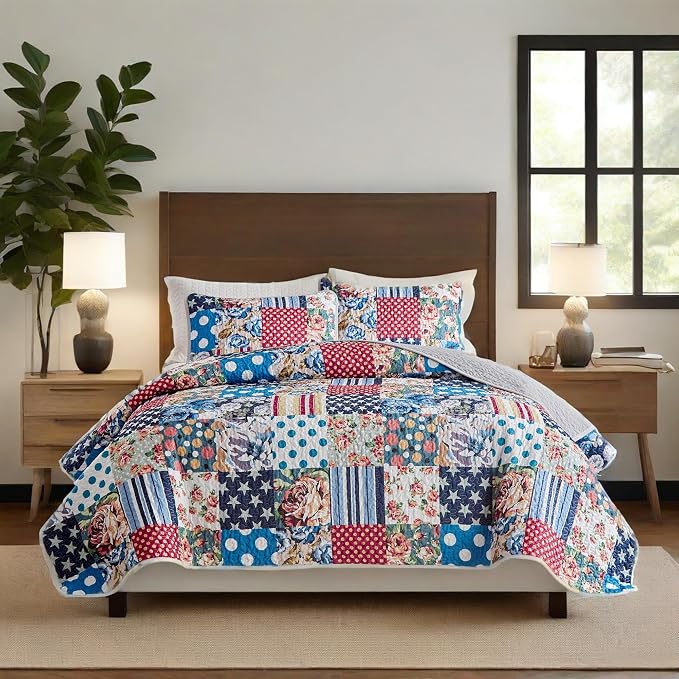 Quilts for Queen Bedding Set Bedspreads - Soft Lightweight Breathable Bedspread Comforter - Boho Cottagecore American Flag Patchwork Coverlet for All Season - 3 Pieces (New-Patchwork Flower, Queen)