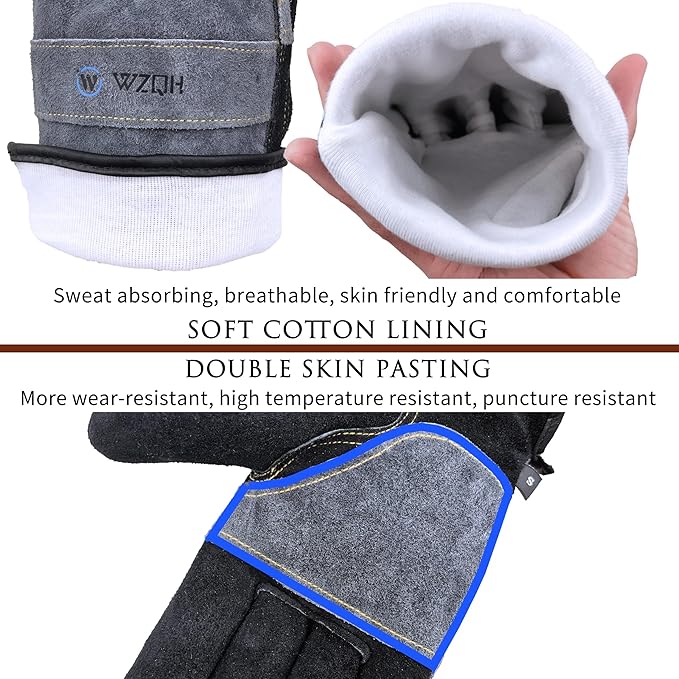 WZQH Leather Work Gloves for Men or Women. X-Large Glove for Gardening, Tig/Mig Welding, Construction, Chainsaw, Farm, Ranch, etc. Cowhide, Cotton Lined, Utility, Firm Grip, Durable. Grey-Black XL