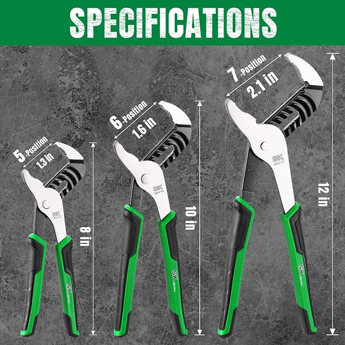 SK 3-Piece Groove Joint Pliers Set, Adjustable Water Pump Pliers, 8-inch, 10-inch, 12-inch, Premium CR-V Steel Construction, Serrated Jaw with Comfortable Grips, Organized in Rolling Pouch