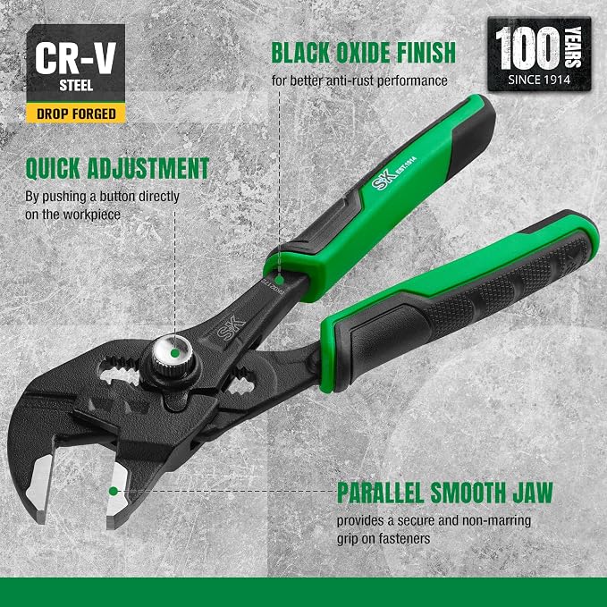 SK 6" Pliers Wrench, Smooth Parallel Jaw, Water Pump Pliers, CR-V Steel | Groove Joint Pliers, Adajustable 14 Positions Up to 1" Jaw Capacity, Ergonomic Anti-slip Handle for Comfortable Grip