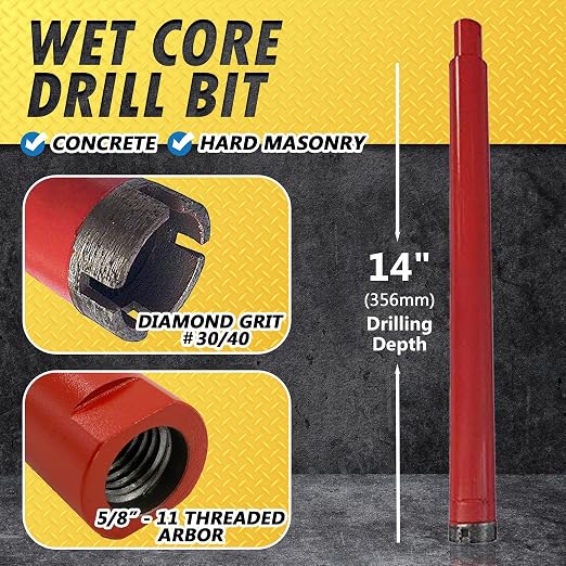1-3/8" Wet Drill Core Bits for Concrete and Hard Masonry, Diamond Hole Saw, 14" Drilling Depth, 5/8"-11 Arbor, Wet Only