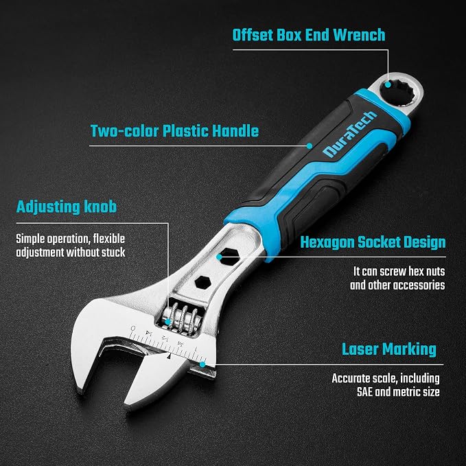 DURATECH 8 Inch Adjustable Wrench, 3-in-1 Spanner | Box End, Hex Function, CR-V Steel, Metric & SAE Scales, Chrome-plated, Bi-material Soft Grip