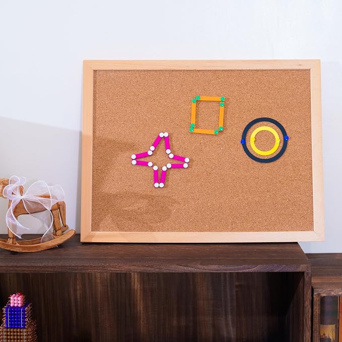 Premium Montessori Geometry Sticks Set 7lbs 23in– Wooden Construction Kit with Cork Workboard, Color-Coded Rods Metal Connectors, Hands-On 2D Shape Building Spatial Reasoning, STEM Homeschool Kids 3-6