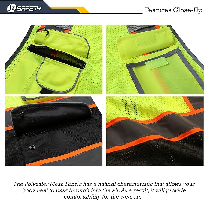 JKSafety 9 Pockets High Visibility Dual Color Zipper Front MESH Lite Safety Vest | Orange Color Triming Reflective Strip | ANSI/ISEA Standards (100-Yellow-Black, XXL)