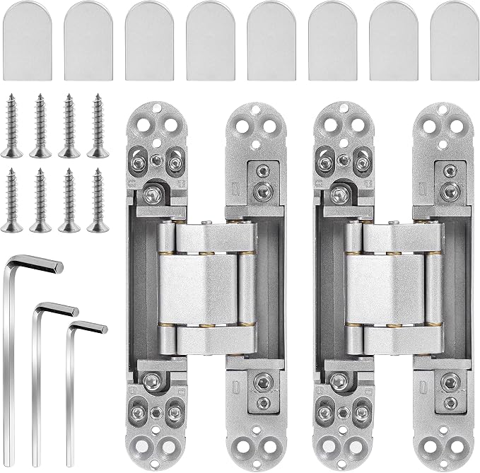 Onedaful 2 Kits 6 inch Stainless Steel Hidden Door Hinges Invisible Hinges for Door, 180 Degree Swing Concealed Hinges, 3 Way Adjustable & Heavy Duty for Secret Door (Load-Bearing Up to 170lbs)