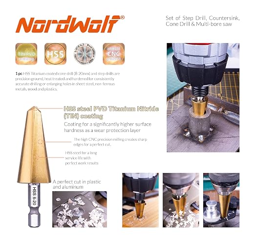 NordWolf 12-Piece HSS Titanium Metric Step, Countersink, Cone Drills with 1/4" Hex Shank, Multi Drill Saw & Automatic Center Punch Set in Storage Case