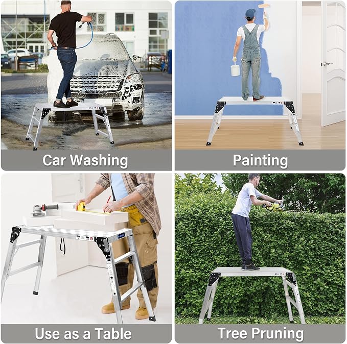 ORIENTOOLS Adjustable Work Platform, (39.4" X 18.5") Portable Folding Aluminum Step Ladder, Scaffolding Platform of Capacity 330 LBS Heavy Duty, 7 Gear Adjustable Height 24 to 35 inches