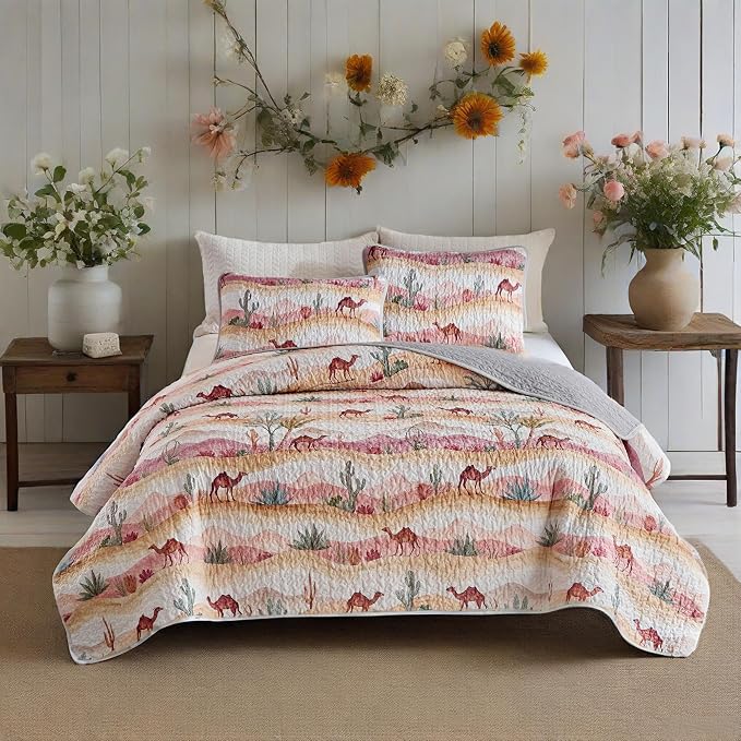 Quilts for Queen Bedding Set Orange Bedspreads - Soft Lightweight Breathable Bedspread Comforter - Boho Desert Cactus Camel Coverlet for All Season - 3 Pieces (New-Camel Cactus, Queen)