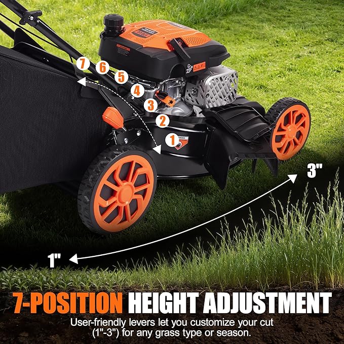 Self-Propelled Gas Lawn Mower - 21 inch with 170cc 4-Stroke Engine, 7-Position Cutting Height, 3-in-1 Versatile Mulching Bagging Discharging, 1.9 Bushels Large Grass Collector, EPA Compliment