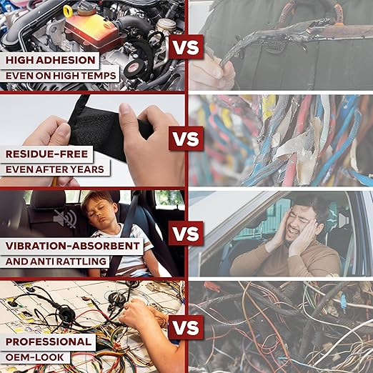 XFasten Wire Harness Tape, 3/4-Inch x 50-Foot, High Temp Wiring Loom Harness, Self-Adhesive Felt Cloth Electrical Tape for Automotive Engines, Noise Dampening, and Cable Protection