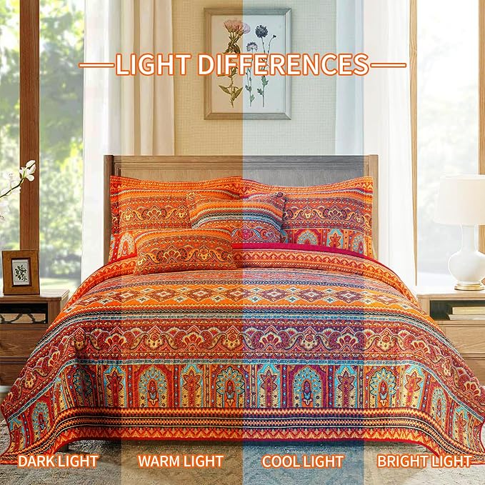 BEDIFANY Cotton Twin Size Bedspreads Set - Lightweight Boho Quilts Twin Size (68 * 86 Inch) - Colorful Orange Quilted Stripe Quilt Bedding Sets with Pillow Sham for Decorations Coverlet, 2 Pieces