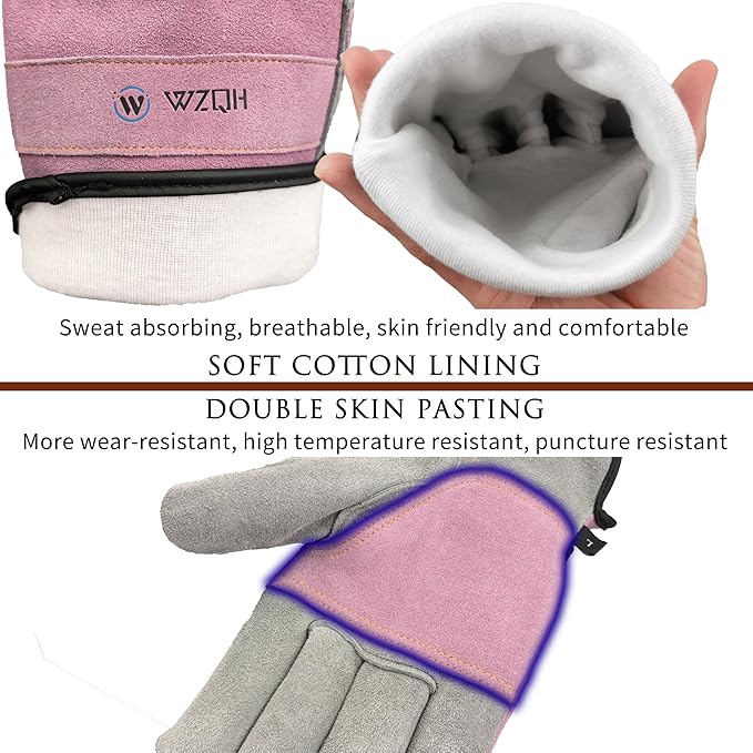 WZQH Leather Work Gloves for Men or Women. Medium Glove for Gardening, Tig/Mig Welding, Construction, Chainsaw, Farm, Ranch, etc. Cowhide, Cotton Lined, Utility, Firm Grip, Durable. Pink-Grey M