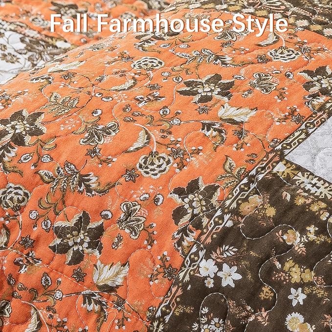 BEDIFANY Cotton Quilts King Size for Farmhouse- Fall Patchwork Bedspread Set - Highly-Woven Soft Reversible King Size Bed Spread for All Seasons (Floral Orange) 3 Pieces