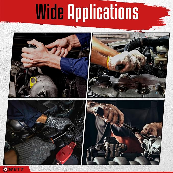 WETT 50Pcs 3/8" Drive Impact Socket Set, SAE/Metric, Deep/Shallow Sockets, with Adjustable Ratchet Handle, Extension Bar, Universal Joint, Adapter & Reducer, Cr-V Steel,(5/16"-3/4", 8-22mm)