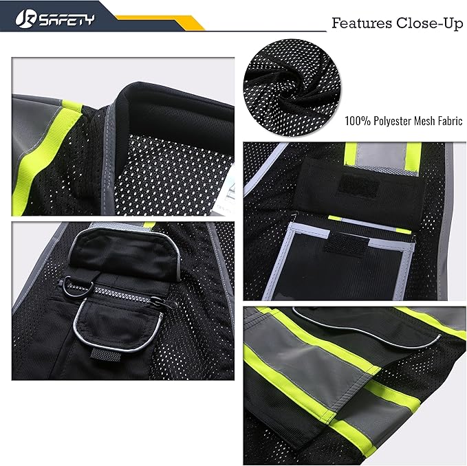 JKSafety 9 Pockets Hi-Vis Black Safety Vest for Men Women High Visibility Reflective Construction Mesh Fabric Cushioned Collar Work Utility PPE Work Gear ANSI/ISEA compliant (101-Black M)