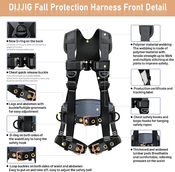 DIJJIG Full Body Safety Harness OSHA/ANSI Compliant for Construction | 5-point adjustable fall protection harness with padded design for roofing and construction work
