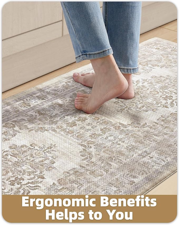 Color&Geometry Anti Fatigue Kitchen Mats for Floor 24x59, Vintage Decor, Easy Clean, Waterproof & Oil Proof, 0.4" Thick Cushioned, Non-Slip Kitchen Runner Rug for Sink, Laundry, Office, Khaki