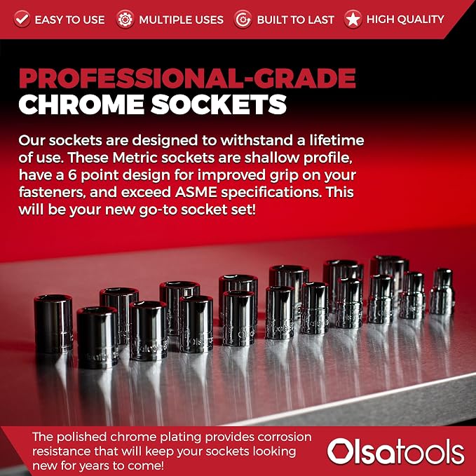 Olsa Tools 1/2-Inch Drive SAE Deep Socket Set - 18pc | 6-Point Chrome Vanadium Sockets, 10mm-27mm, No Skipped Sizes - Professional-Grade SAE Socket Sets - Part: 1326