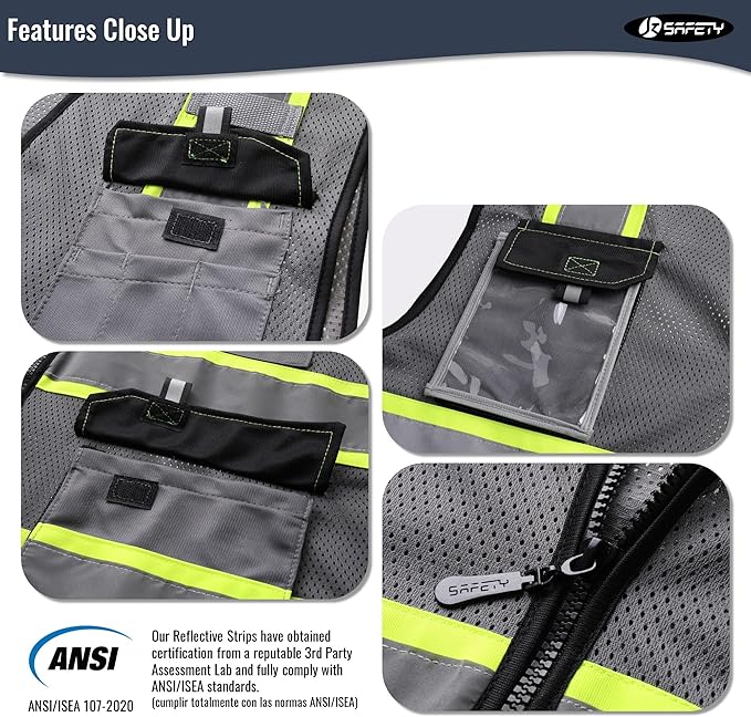 JKSafety Hi Vis Reflective Safety Vests for Men Women High Visibility Vest with Pockets Mesh Fabric Construction Safety Apparel Neon Vest for Work (220-Grey XXL)