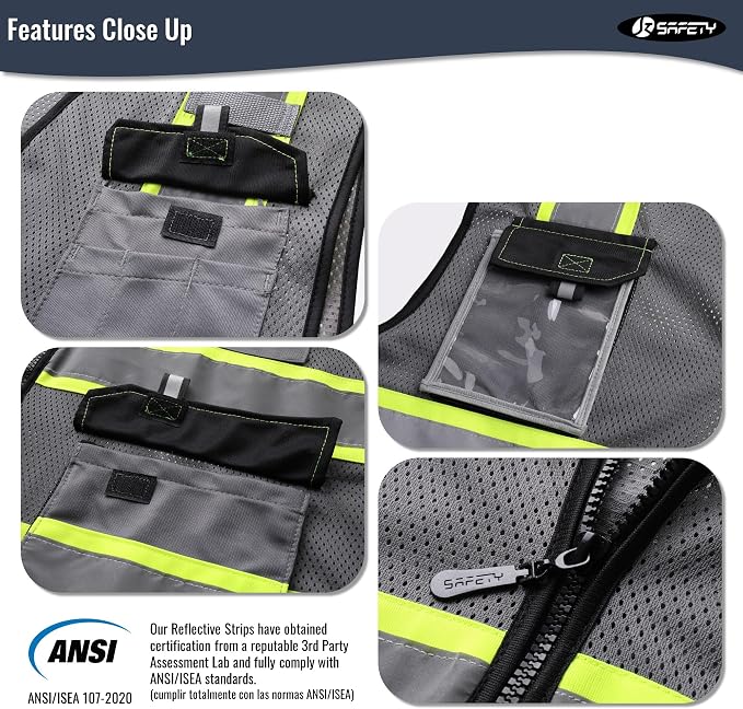 JKSafety Hi Vis Reflective Safety Vests for Men Women High Visibility Vest with Pockets Mesh Fabric Construction Safety Apparel Neon Vest for Work (220-Grey XL)