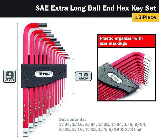 Titan 12713 Extra-Long Arm Ball Tip SAE Hex Key Set, 13 Piece