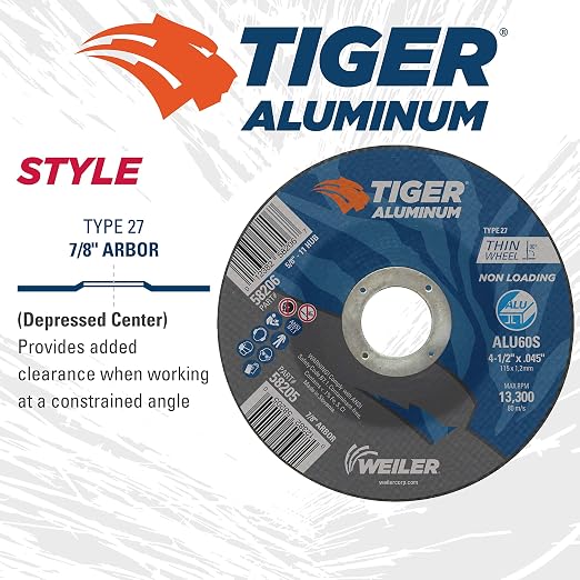 Weiler 58205 4-1/2 Inch Cutting Wheel, Tiger Aluminum Non-loading Contaminant-free High Performance Cutting, .045" ALU60S Type 27 7/8" Arbor, Pack of 25