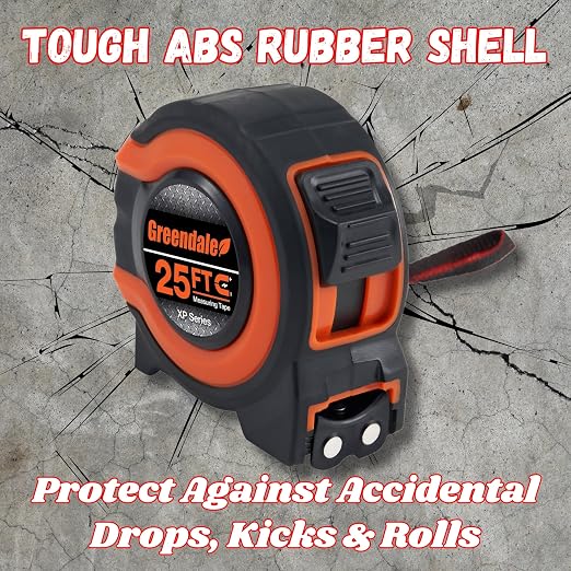 Greendale – 6 Pack Tape Measures 25 ft – Easy-Read Fractions, Magnetic Tip, Quick-Lock & Auto-Retract – Heavy-Duty Measuring Tape with Belt Clip – Red/Orange