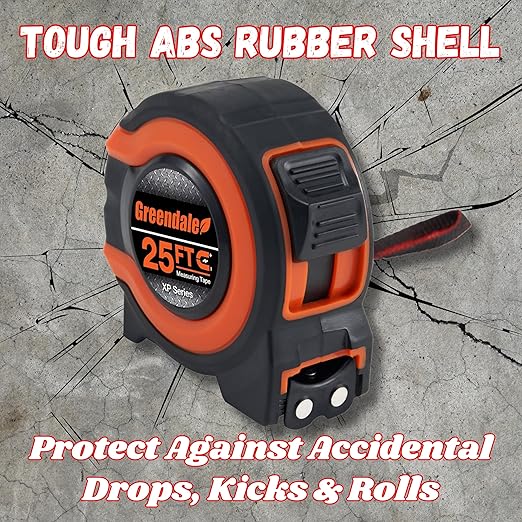 Greendale – 6 Pack Tape Measures 25 ft – Easy-Read Fractions, Magnetic Tip, Quick-Lock & Auto-Retract – Heavy-Duty Measuring Tape with Belt Clip – Red/Orange