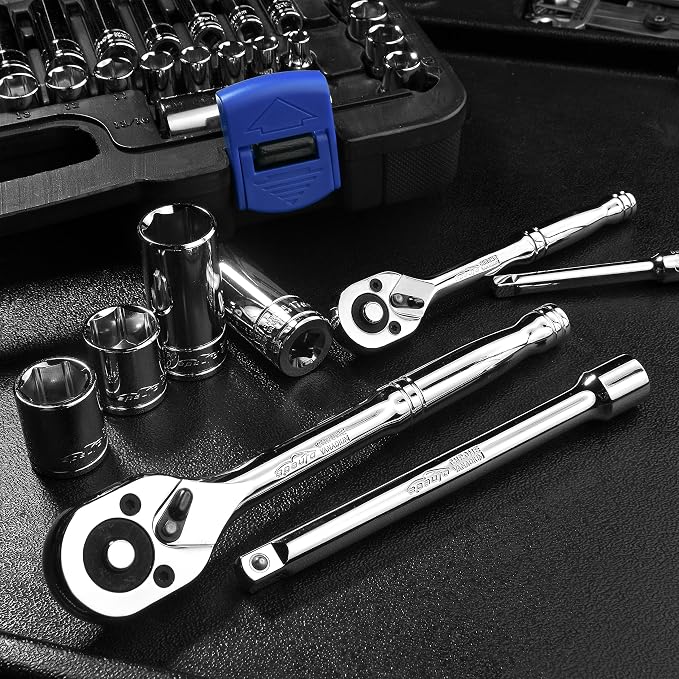 EPAuto 69 Pieces 1/4-Inch & 3/8-Inch Drive Socket Set, Pear Head Ratchet | Chrome (92-824)