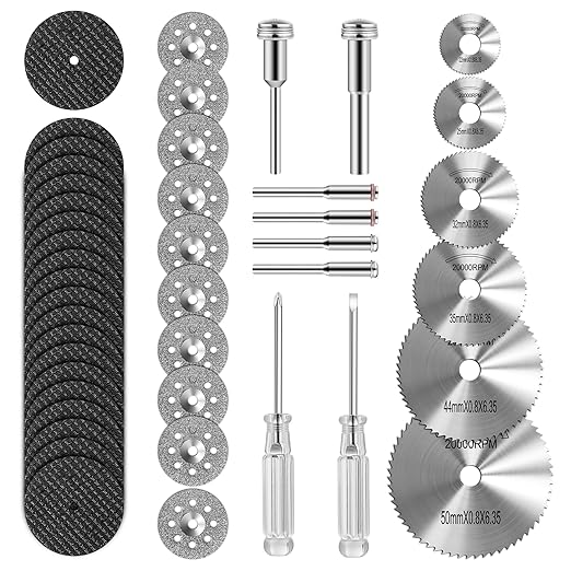 44pcs Cutting Wheel Set Compatible with Plastic for Rotary Tool, HSS Circular Saw Blades 6pcs, Resin Cutting Discs 20pcs, 545 Diamond Cutting Wheels 10psc with 2 Screwdrivers