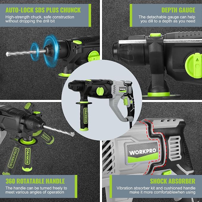 WORKPRO 1-1/4 Inch SDS-Plus Rotary Hammer Drill, 7.5AMP, Lightweight Corded Version for Concrete Demolition Chipping Rotomartillo, 5 SDS-Plus Bits