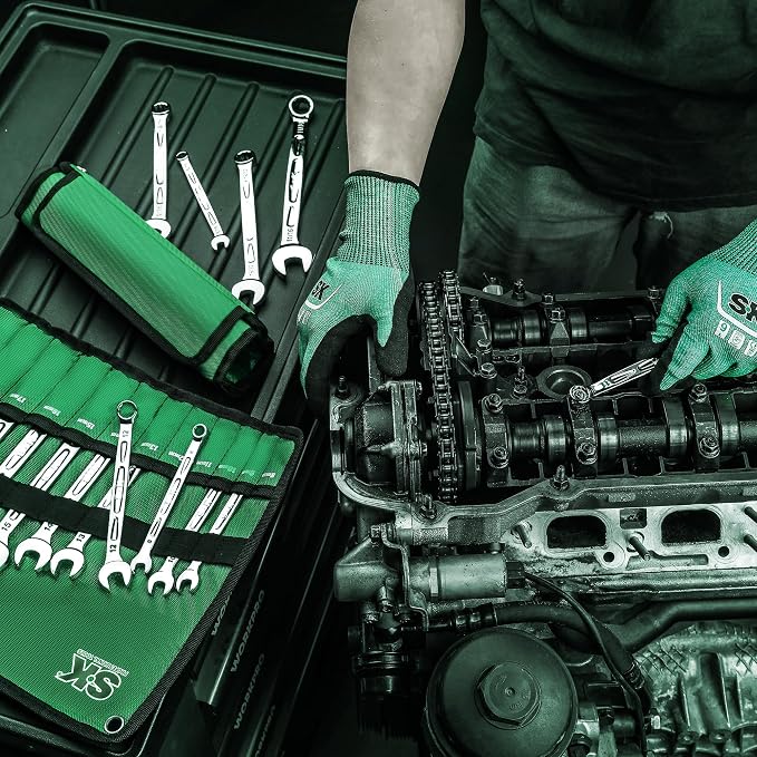 SK Combination Wrench Set, SAE 5/16''-3/4'', Metric 8-19mm, 23-Piece | 12-Point, SureGrip Drive Design, 15-Degree Offset End, Drop Forged CR-V Steel, SuperKrome Finish, with Rolling Pouch