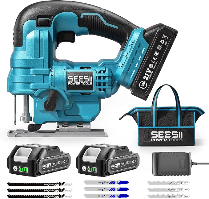 SEESII Jig Saw, Cordless Jigsaw Tool with 2×2.0Ah Batteries and Charger | ±45° Bevel Cuts, 4 Orbital for Wood Metal PVC Cutting, Variable Speed, with 9 Blades, LED Light, Safety Lock, Storage Bag