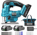 SEESII Jig Saw, Cordless Jigsaw Tool with 2×2.0Ah Batteries and Charger | ±45° Bevel Cuts, 4 Orbital for Wood Metal PVC Cutting, Variable Speed, with 9 Blades, LED Light, Safety Lock, Storage Bag