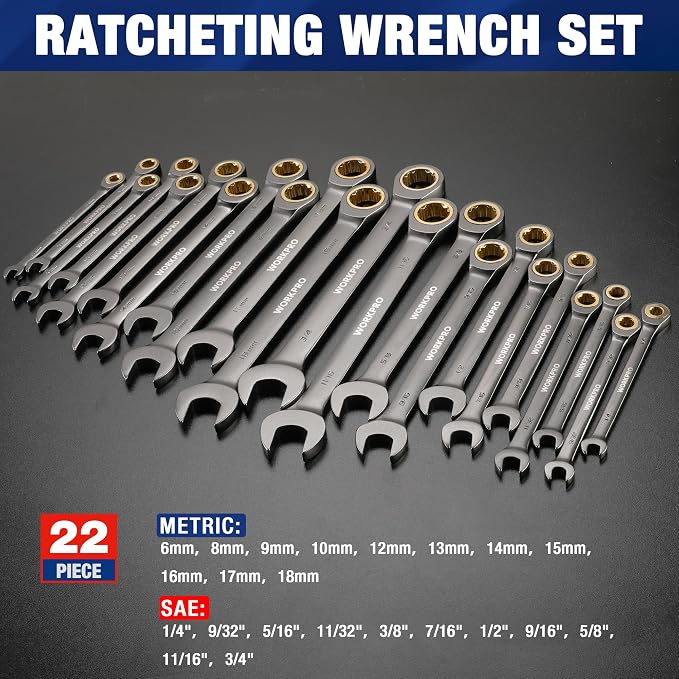 WORKPRO 22 PCS Ratchet Combination Wrench Set with Tool Box, Nickel Plating | with Organizer Box, Metric 6-18mm & SAE 1/4-3/4", 72-Teeth, For Home Project, Auto Repair, Plumbing, Construction, Machinery
