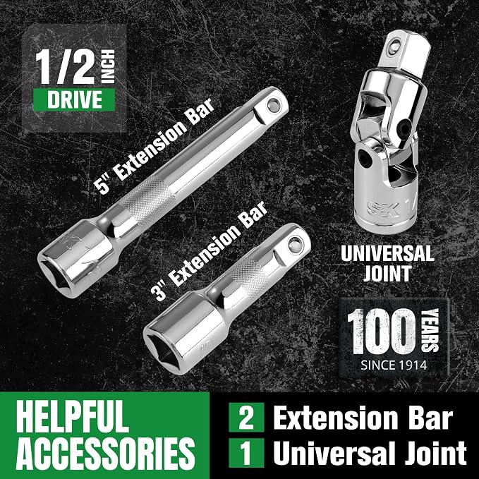 SK 1/2" Drive Socket Set with 160-P Ratchet, 31-Piece Metric Sockets | SuperKrome Finish, Premium CR-V Steel, Heat Treated, with EVA Foam Tool Organizer
