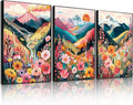 Frimeeme Colorful Floral Mountain Wall Art Set of 3, Boho Nature Landscape Print, Unframed, for Living Room Bedroom Bathroom Office Home Decoration 12x16in