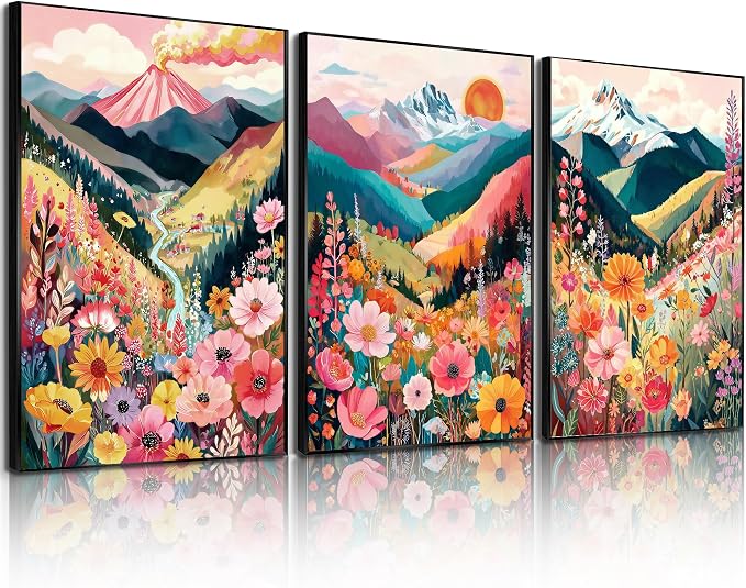 Frimeeme Colorful Floral Mountain Wall Art Set of 3, Boho Nature Landscape Print, Unframed, for Living Room Bedroom Bathroom Office Home Decoration 12x16in