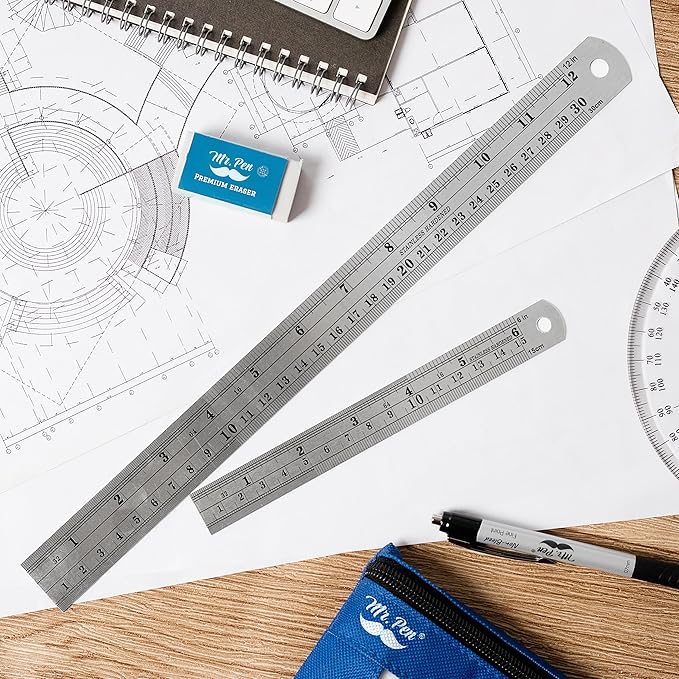 Mr. Pen- Metal Straight Edge Ruler, 2 Pack, 6" and 12", Silver, Stainless Steel Ruler Set, Imperial & Metric Measurements for Drawing, Home, Office, Engineering