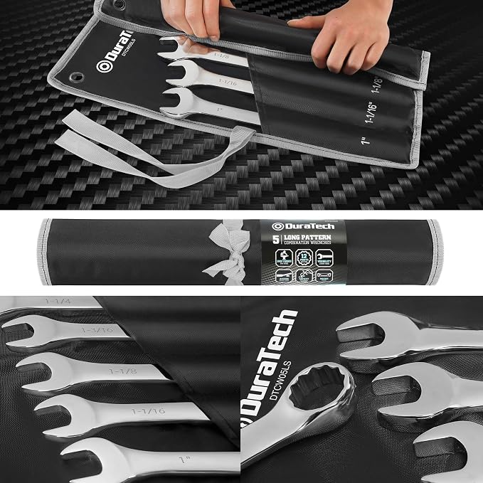 DURATECH Long Pattern Combination Wrench Set, SAE, 5-Piece, 1" to 1-1/4", 12 Point, CR-V Steel, with Rolling Pouch | 12 Point, CR-V Steel, Rolling Pouch