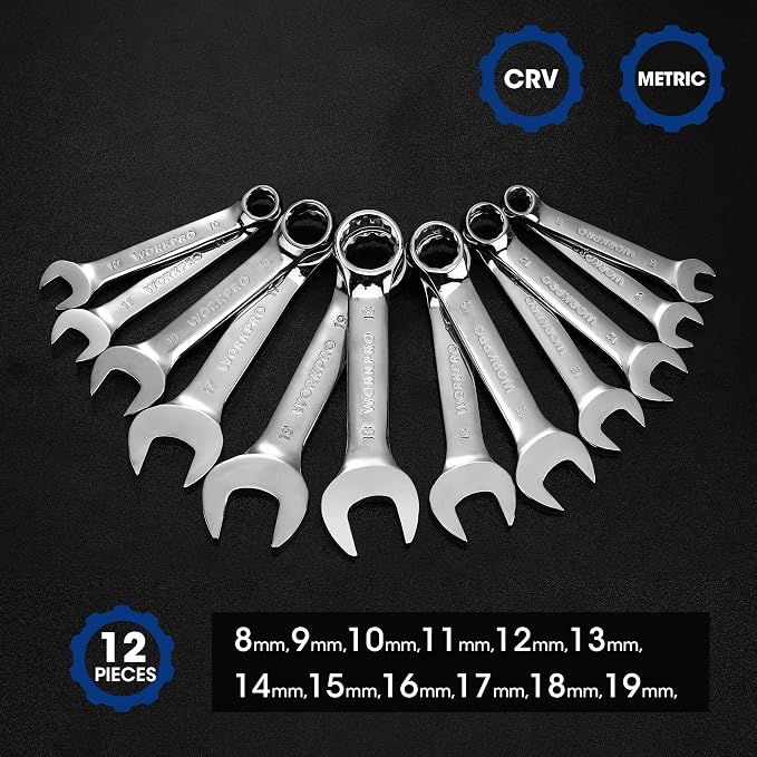 WORKPRO 12PCS Stubby Combination Wrench Set with Storage Box, Metric 8-19mm | 12-Point, 72-Teeth, Cr-V Steel, HRC 50 Hardness, For Home Projects, Auto Repairs, Plumbing, Constructions, Machinery