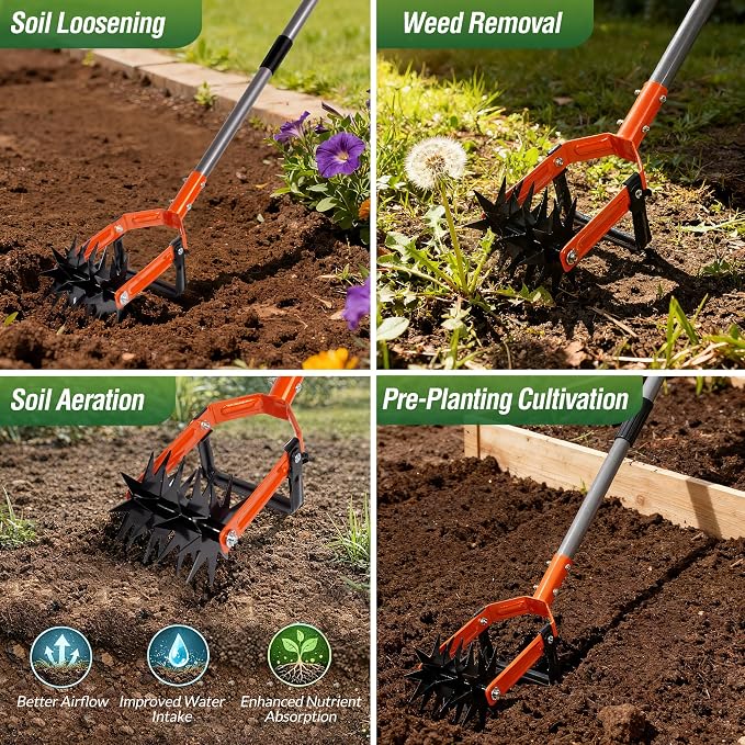 Walensee Rotary Cultivator Garden Tool, Adjustable Long Handle Hand Tiller with Star-Shaped Rolling Tines, 2-in-1 Weeder & Soil Aerator for Lawn Care, Reseeding Grass, Soil Mixing, Manual Yard Tiller