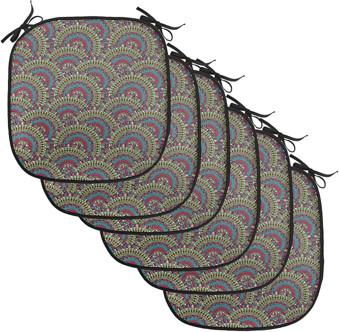 Lunarable Moroccan Chair Cushion Pads Set of 6, Colorful Ethnicity Round Ornamental Eastern Architecture Palace Tourism, Anti-Slip Seat Padding for Kitchen & Patio, 16"x16", Maroon Teal Green