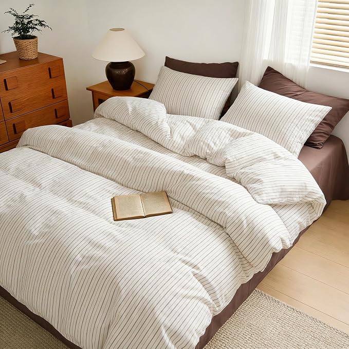 Sedefen Striped Duvet Cover Queen, Brown Stripe Bedding Set with 2 Pillowcases, Modern Minimalist Stripes Pattern Reversible Soft Breathable Microfiber Duvet Cover for All Season